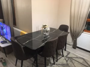 Bir pazarı ikinci el eşya alım satım 16 ikinci el 6 kişilik koyu yemek masa ve sandalye (mermer desenli)